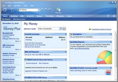 Money Plus Sunset Deluxe, the free 2010 edition with the online features removed, showing the home page with accounts, bills and spending.