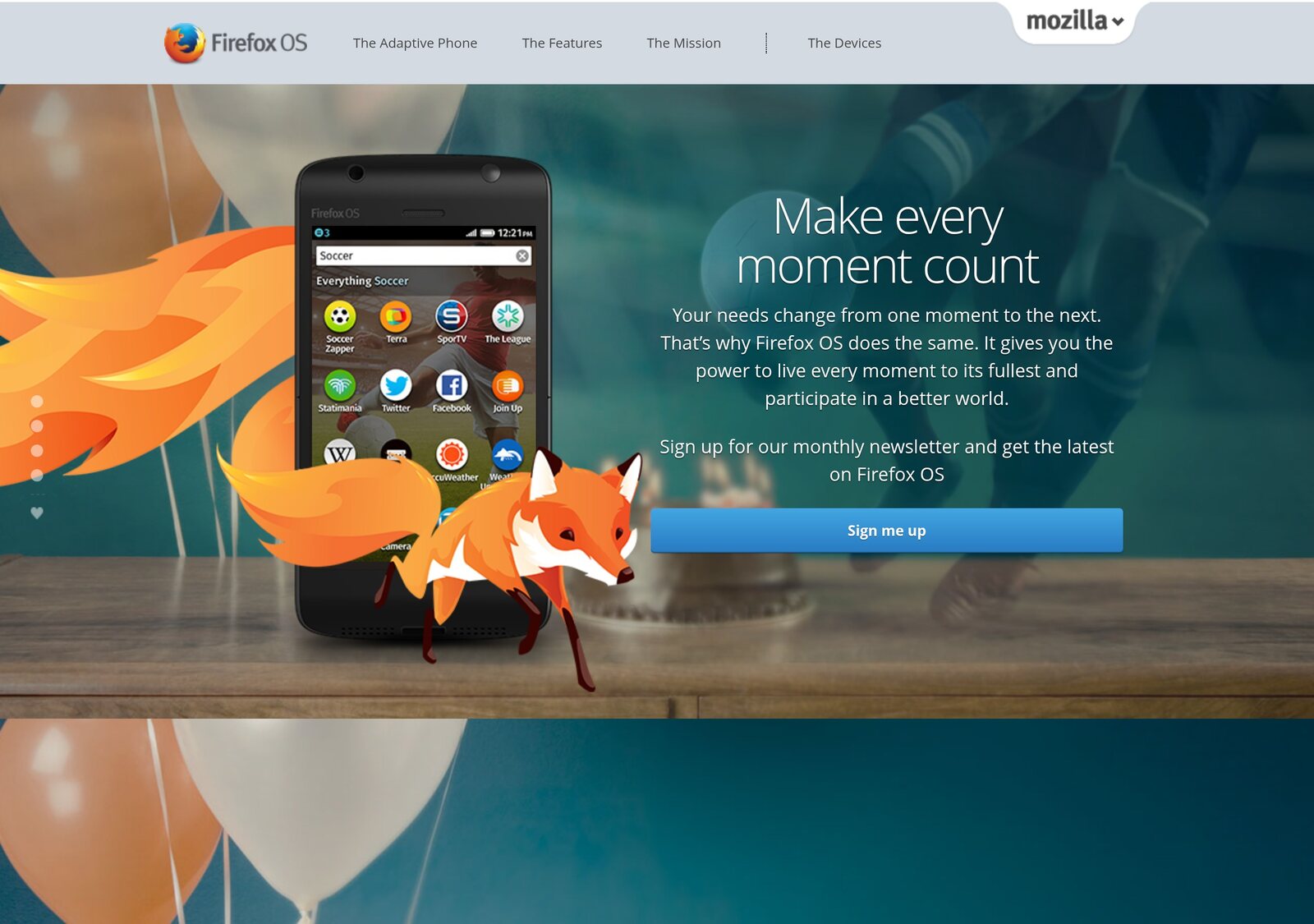 mozilla.org's Firefox OS page in June 2014: "Make every moment count", near the platform's 30-country peak.