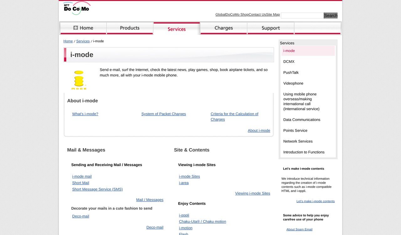The English i-mode pages on nttdocomo.co.jp in July 2006: i-mode mail with pictures and melodies, the site directory, and the note that a message could carry up to 10,000 characters by then.