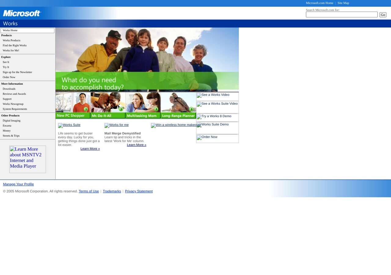 The Microsoft Works page on microsoft.com in March 2005: Works 8 and Works Suite 2005, "What do you need to accomplish today?"