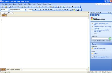 FrontPage 2003, the last version, with a page open in the editor and the Office task pane on the right.