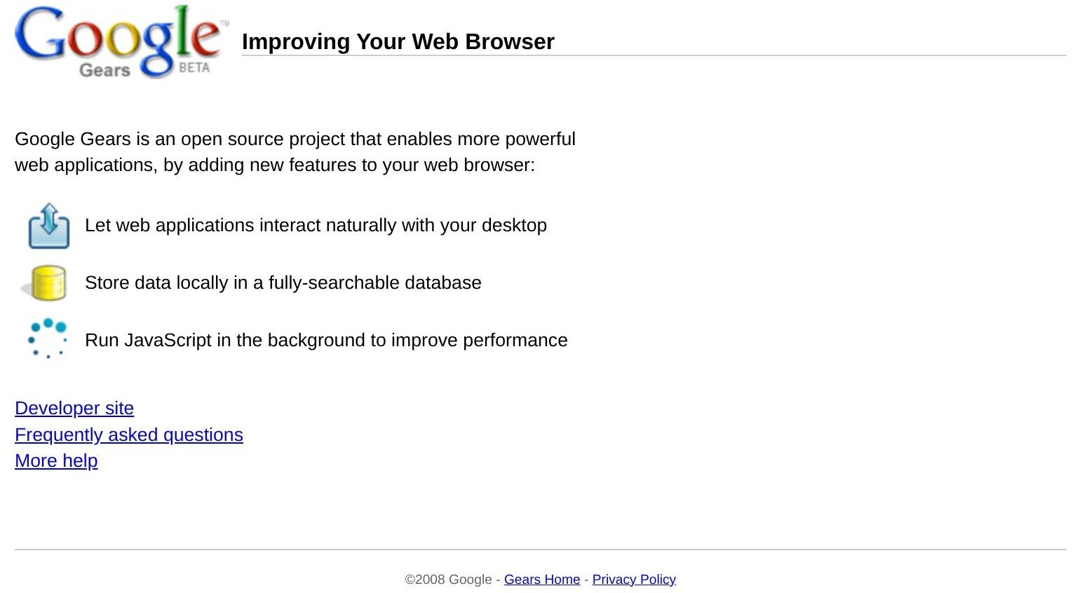 Google Gears in June 2008, still labelled beta, with the three things it added to a browser