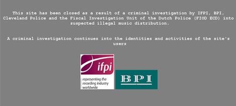 What visitors found on 23 October 2007: the seizure notice posted by the IFPI and the BPI.
