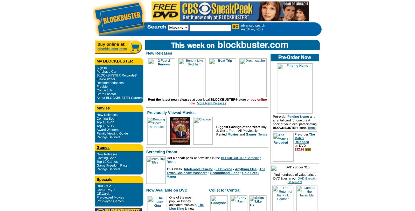 blockbuster.com in October 2003: New Releases, a CBS Sneak Peek DVD promotion and pre-orders for Finding Nemo, the year before the chain peaked.