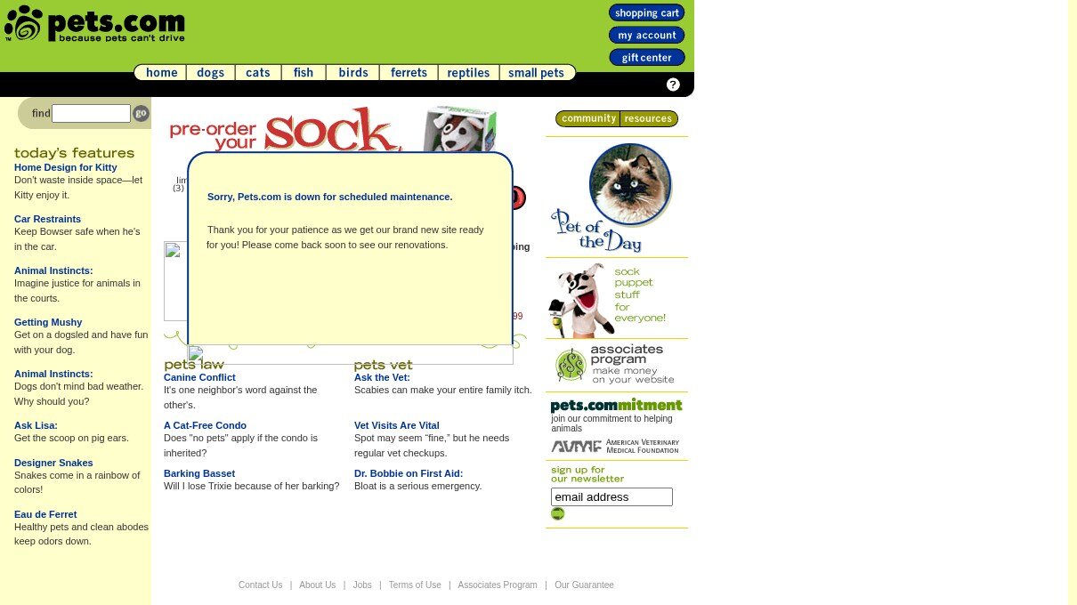 Pets.com in July 2000, four months before the wind-down. The maintenance notice is part of the capture