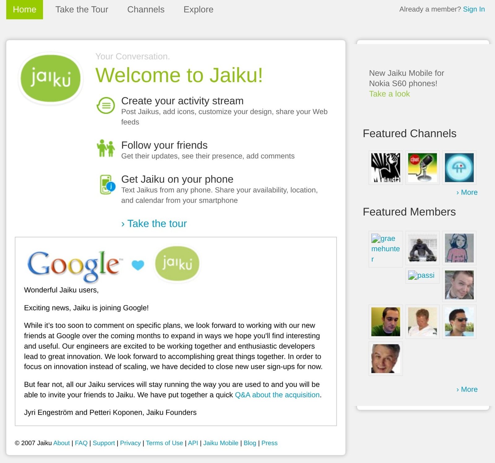 Jaiku in May 2008. The founders' note about joining Google was still the first thing on the page