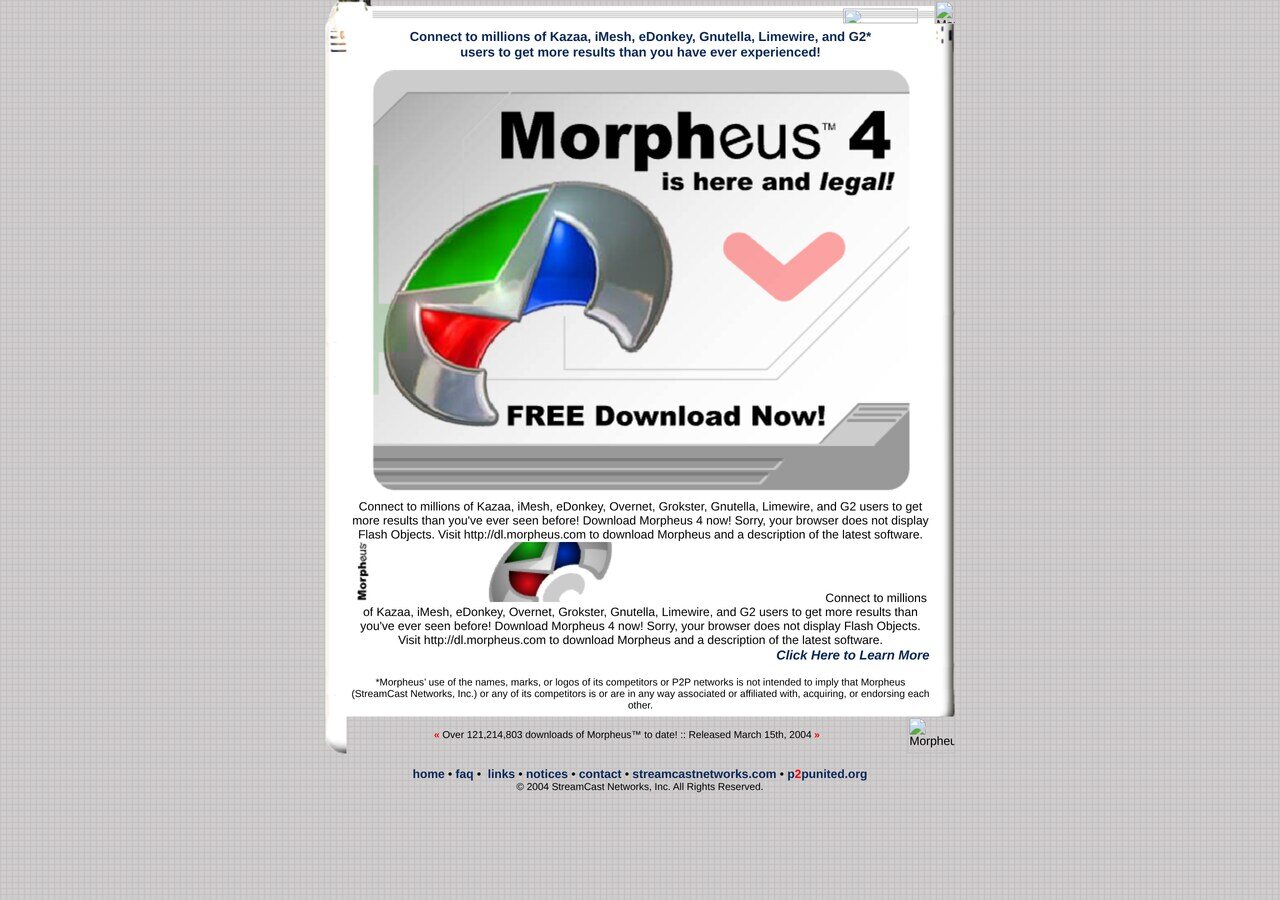 morpheus.com in March 2004: "Morpheus 4 is here and legal!", the free download box and the promise of connecting to Kazaa, eDonkey, Gnutella and iMesh users.