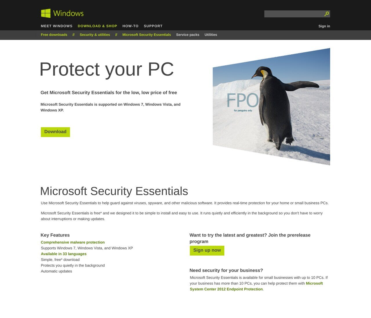 The Microsoft Security Essentials download page in October 2012: "Protect your PC", free antivirus for Windows 7, Vista and XP, available in 33 languages, with the offer to test the prerelease build.