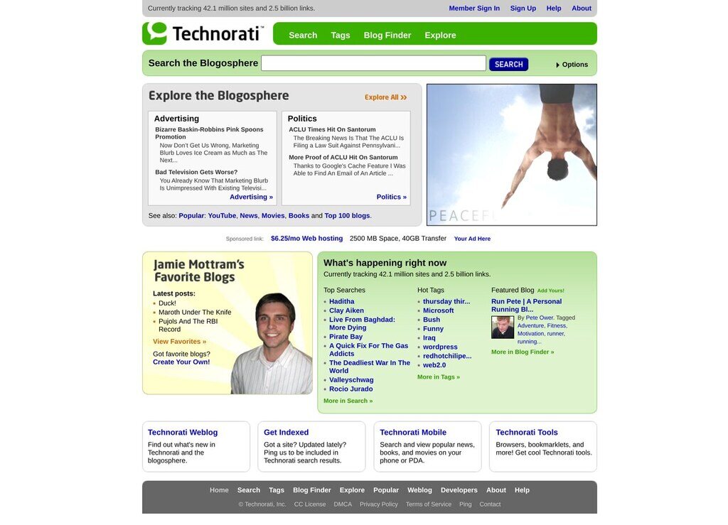 Technorati homepage in June 2006, when it was indexing 41 million blogs