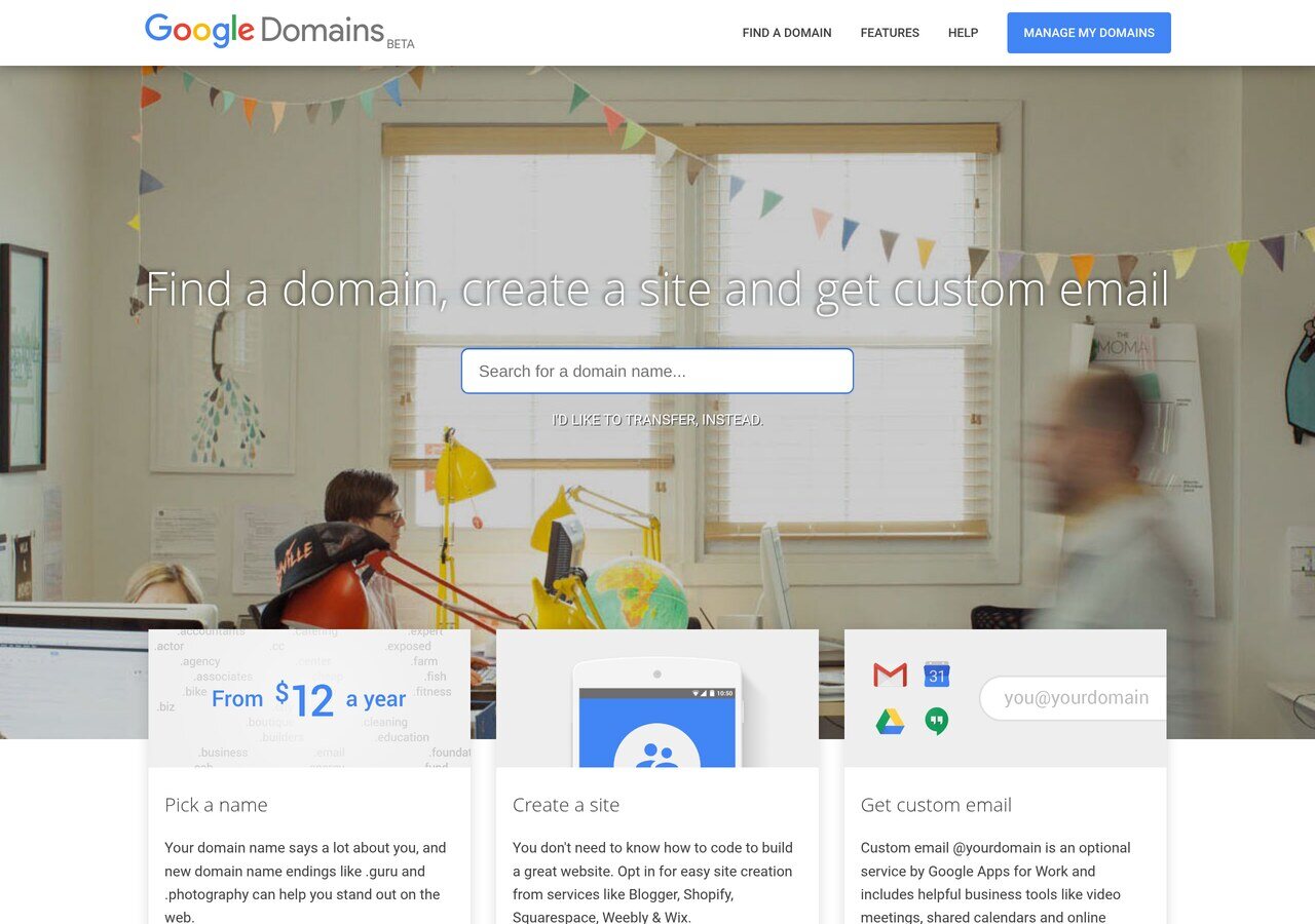 domains.google in May 2016, still marked beta two years in: "Find a domain, create a site and get custom email", from 2 a year, with the site-builder partners underneath.