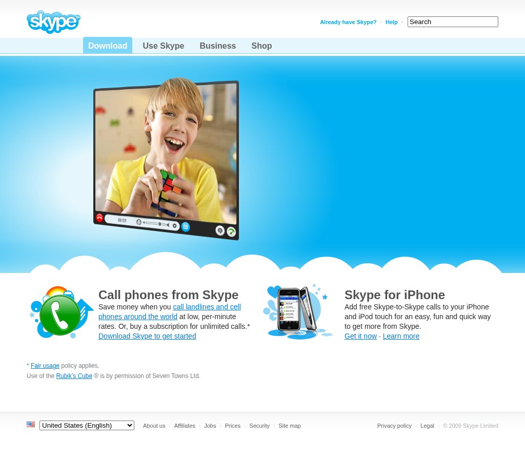 Skype homepage in June 2009