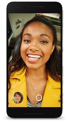 A Google Duo video call on a phone, with the caller full-screen and the small self-view in the corner.