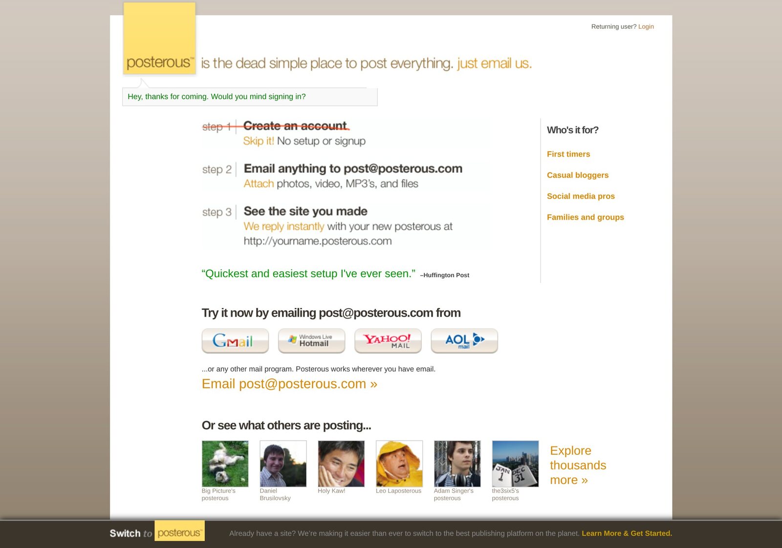 Posterous in July 2010. Step one, create an account, is crossed out on purpose