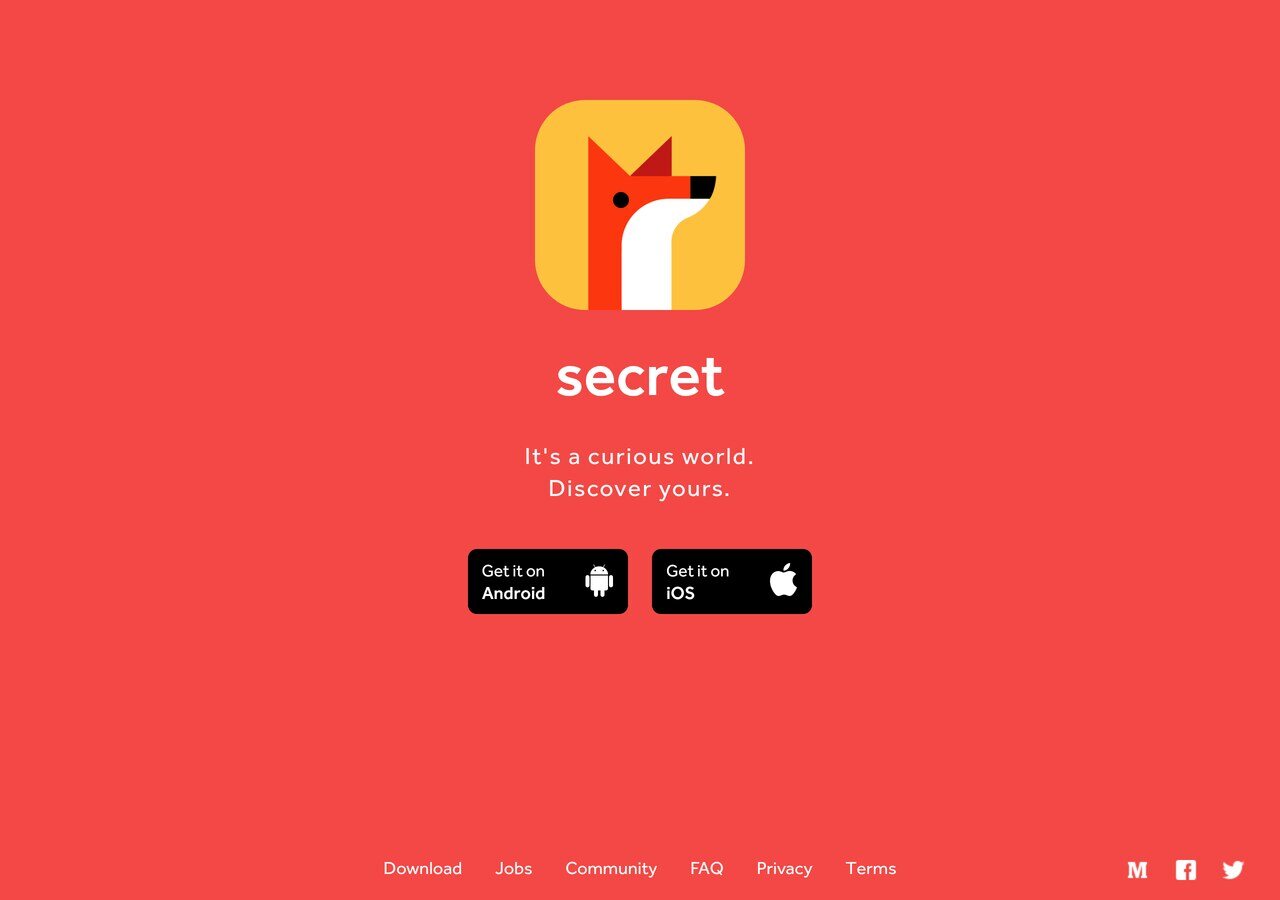 secret.ly in February 2015, two months before the shutdown: the fox icon, "It is a curious world. Discover yours." and the two app store buttons.