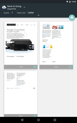 Printing from Android through Google Cloud Print: the print preview with a Cloud Print printer selected.