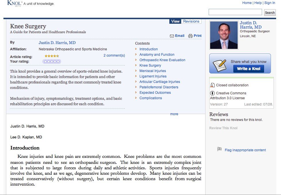 A knol on knee surgery by a named orthopaedic surgeon, with the author box, star rating and Creative Commons licence in the sidebar: the format Google hoped would attract experts.