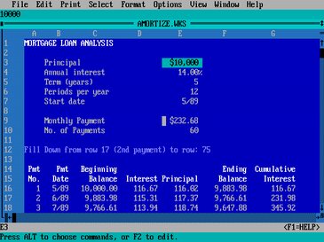 Works 2.0 for DOS with a mortgage amortisation table open in the spreadsheet: the program that came with the PC, in text mode.