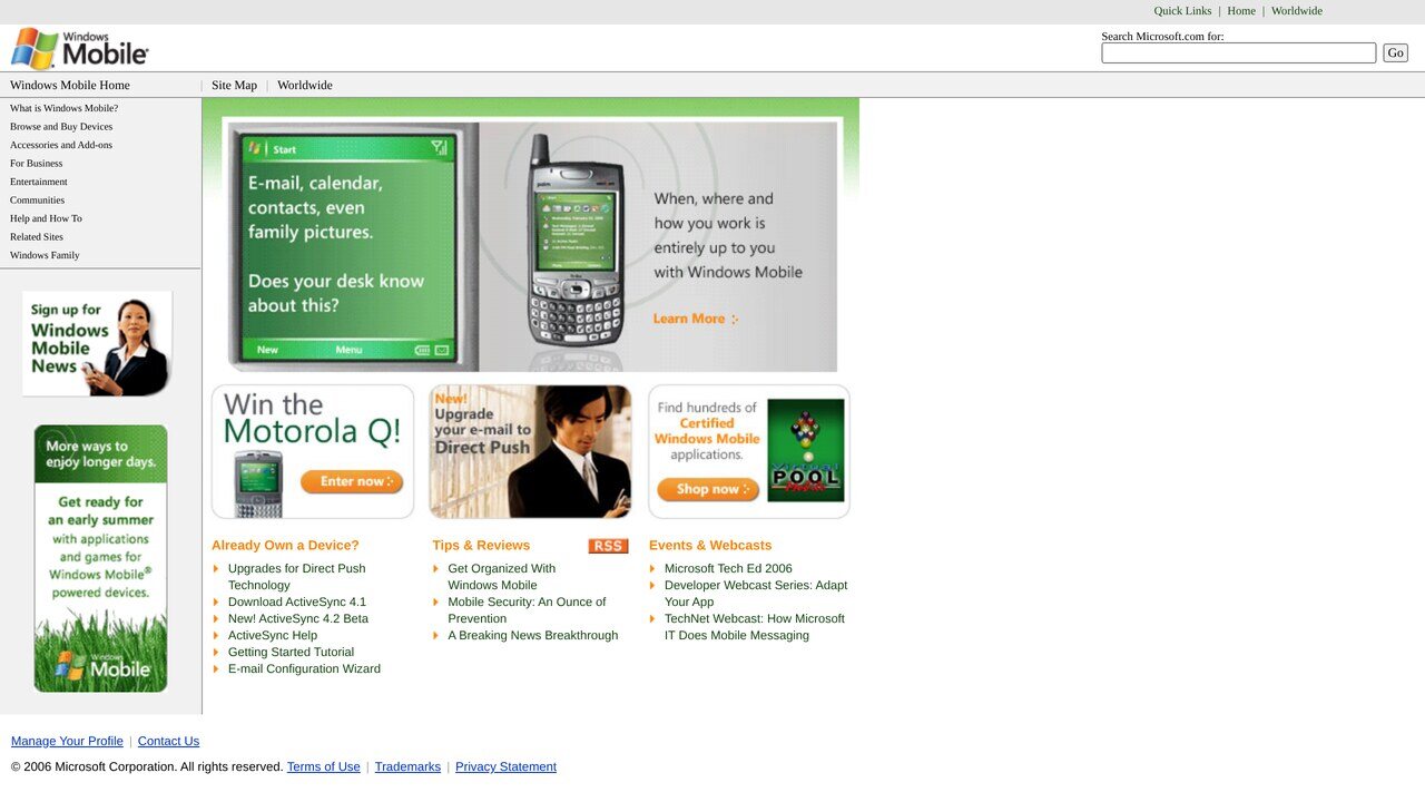 microsoft.com/windowsmobile in June 2006: e-mail, calendar and contacts on a keyboard phone, a competition to win a Motorola Q, and links to ActiveSync 4.2 Beta and Direct Push.