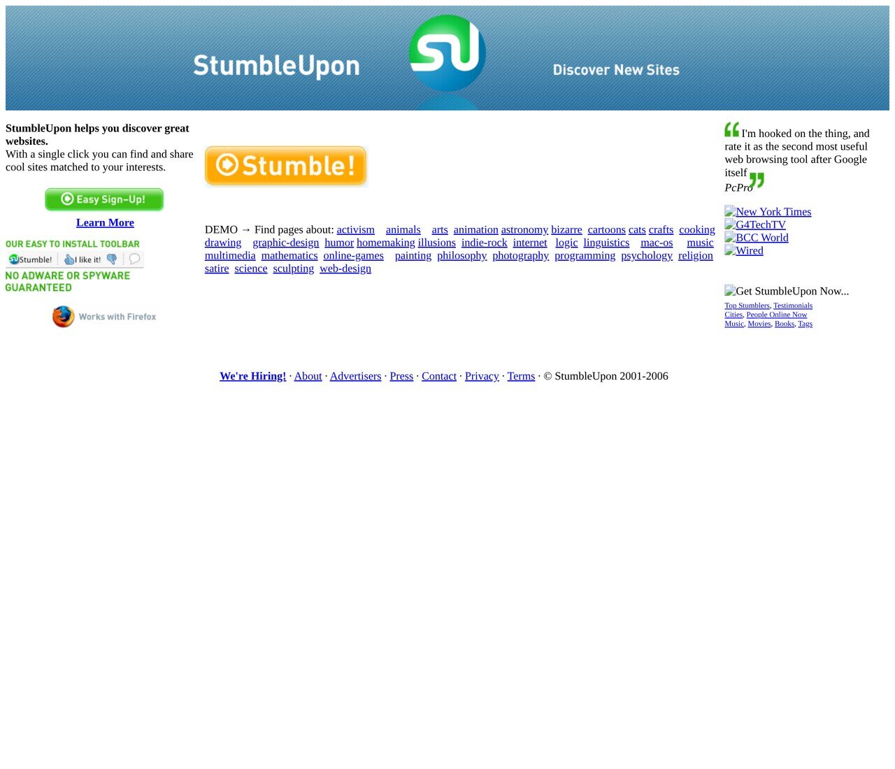stumbleupon.com in May 2006: the orange Stumble! button, the toolbar you installed to get it, and the promise of discovering sites one click at a time.