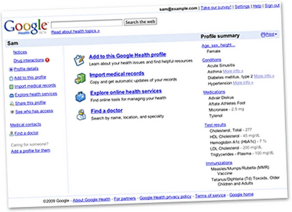 Google Health profile screen, sample account, from the 2009 sign-in page